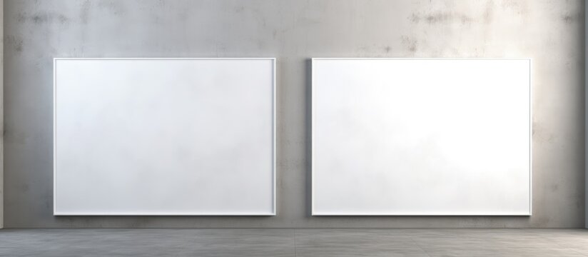 Two rectangular white canvases are hung in parallel on a concrete wall, creating a modern and minimalist look with a touch of transparency and shades