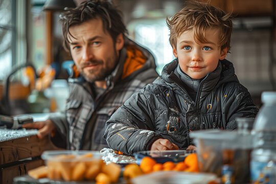 Father and son bonding over selecting fruit at a rustic farmers market during winter, with snowflakes visible