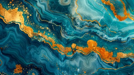 Abstract Blue and Gold Marble Texture Background - Artistic Ocean-Inspired Swirls for Creative...
