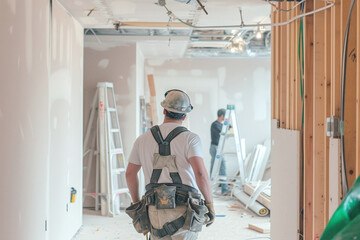 Back view of a man contractor at work inside a home for renovation and refurbishment project. Complete energy efficiency renovation concept image