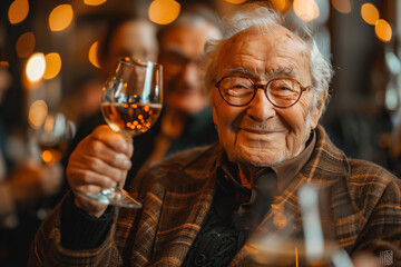 Candid shot of a senior man with a cheerful smile, toasting with a glass of wine at a lively celebration - obrazy, fototapety, plakaty