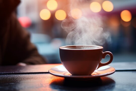 A white coffee cup with steam rising from it sits on a saucer. Image created with AI