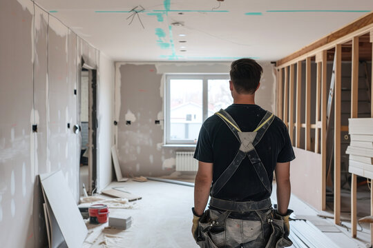 Back view of a man contractor at work inside a home for renovation and refurbishment project. Complete energy efficiency renovation concept image
