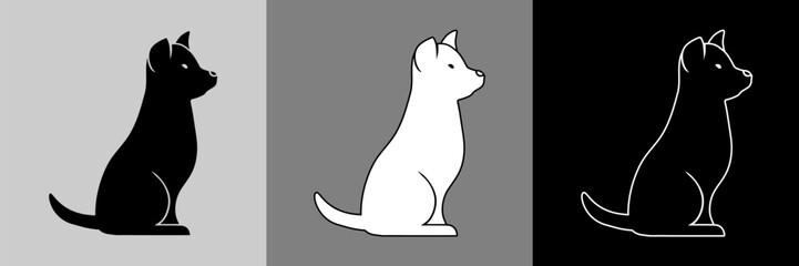 3 versions de pictogrammes d’un chien de profil et assis - en silhouette noire détouré, en silhouette blanche au contours noirs et en contour blanc sans fond.