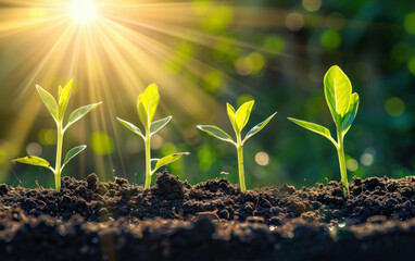 Morning sunlight shines on seedling growing from rich soil, wide panoramic banner view. AI generative. - obrazy, fototapety, plakaty