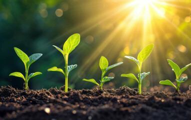 Morning sunlight shines on seedling growing from rich soil, wide panoramic banner view. AI generative.