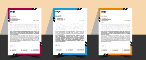 Clean and professional corporate company business letterhead template design with color variation bundle. Modern corporate business letterhead design template with red, yellow and Blue color.