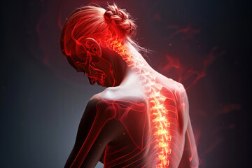 Hernia of the cervical spine, neck pain, woman suffering from backache, spondylosis of the intervertebral disc, health problems concept