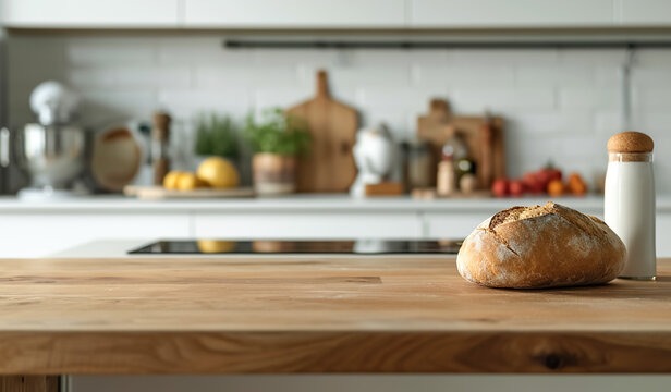 bread and ingredient for cooking on wood kitchen counter.healthy and food concepts background. homey and warm home design