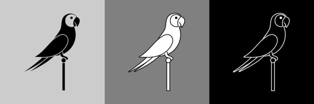 3 versions d&rsquo;une de pictogrammes d&rsquo;un perroquet de profil sur son perchoir - en silhouette noire d&eacute;tour&eacute;, en silhouette blanche au contours noirs et en contour blanc sans fond.
