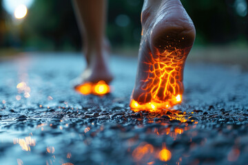 Legs burning in fire, heel spur, woman's leg hurts, pain in the foot, skin diseases, female feet with dry cracked skin close-up - obrazy, fototapety, plakaty