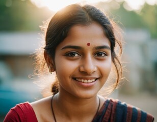 Fototapeta premium Indian woman in classical clothes with a beautiful smile on a blurred background. Happy Diwali. Traditional symbols of the Indian festival of light.