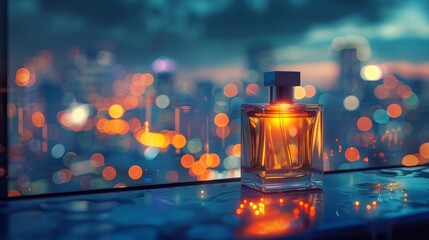 A modern perfume bottle gleams with the reflections of a city's night lights, creating a symphony of colors on a glossy surface. - obrazy, fototapety, plakaty