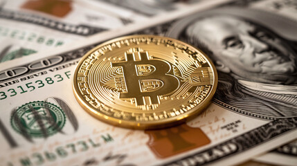 Golden symbolic coin Bitcoin on banknotes of one hundred dollars. Exchange bitcoin cash for a dollars. Cryptocurrency on US dollar bills. Digital modern method of payment. Savings, investments concept