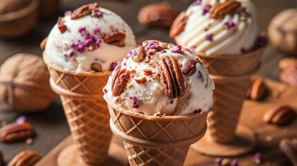 three scoops of ice cream with pecans and pecans on the side of the ice cream cone with pecans and pecans in the background.