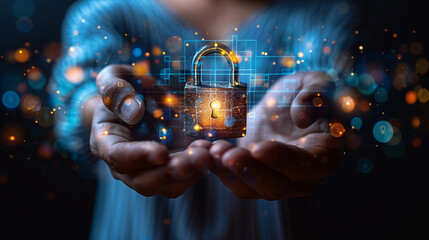 Businessman holding security padlock button on virtual screens, technology internet and networking concept, blue sci-fi tone