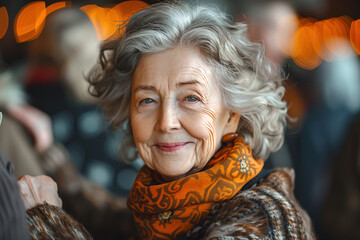 A graceful elderly woman smiling warmly among friends at a social event with a bokeh background