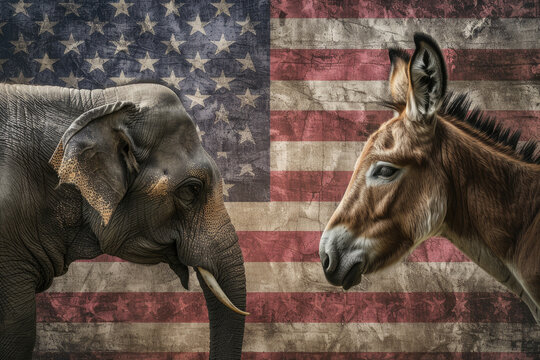 An elephant and donkey against an American flag. symbol of Republican and Democrat political party