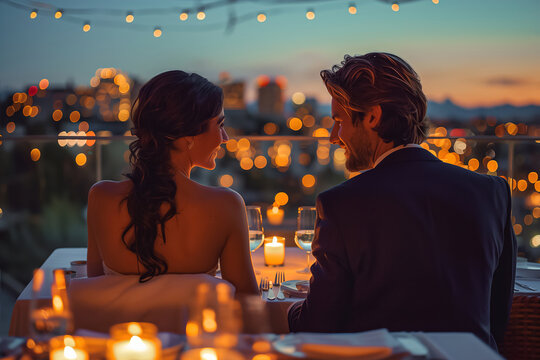 An intimate dinner for two on a terrace overlooking the twinkling lights of a bustling cityscape at dusk