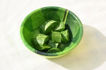 Aloe vera slices. Many Ayurvedic medicines are made using its juice. Its make topical medications for skin conditions, such as burns, wounds, frostbite, rashes, psoriasis, cold sores, or dry skin.
