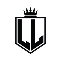 LL Logo monogram bold shield geometric shape with crown outline black and white style design