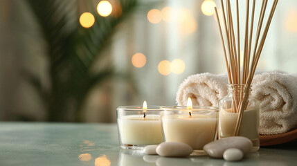 Beauty treatment items for spa procedures, aromatic candles essential oils and towel.  Zen atmosphere with copy space for text or logo