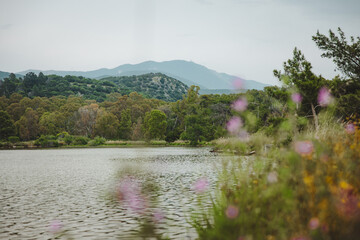 Inland lake and mountain landscape in Kefalonia, Greece - 754999797