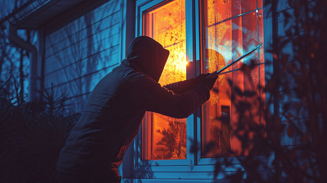 Burglar with a crow breaking into a house via window. A thief braking into home in the middle of the night. 