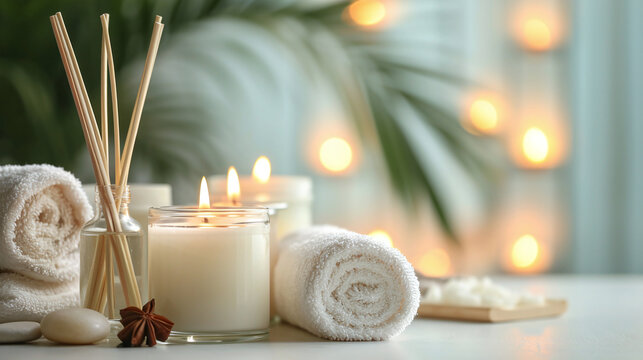 Beauty treatment items for spa procedures, aromatic candles essential oils and towel.  Zen atmosphere with copy space for text or logo