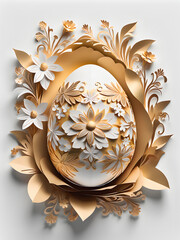  Easter egg  decorated with paper flowers and leaves. Gold and white colors.