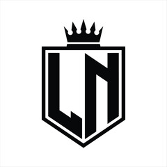 LN Logo monogram bold shield geometric shape with crown outline black and white style design