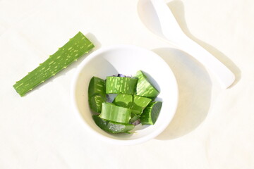 Aloe vera slices. Many Ayurvedic medicines are made using its juice. Its make topical...