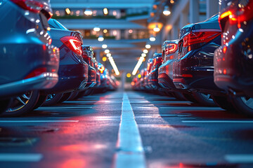 Car parked at outdoor parking lot. Used car for sale and rental service. Automobile parking area. Car dealership and dealer agent concept.