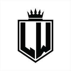 LW Logo monogram bold shield geometric shape with crown outline black and white style design