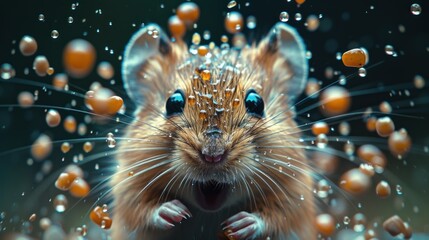 a close up of a mouse with drops of water on it's face and a background of orange balls.
