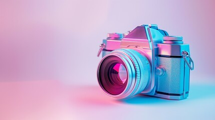 Holographic colored vintage camera on violet background. Minimal retro vibe concept.
