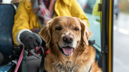 Senior Woman with Her Service Dog Enjoying a Bus Ride Together.
