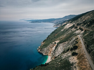Aerial view of  Kefalonia, Greece coastline mountains - 755000583