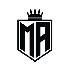 MA Logo monogram bold shield geometric shape with crown outline black and white style design
