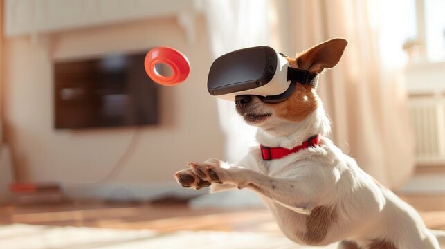 An energetic Jack Russell terrier, equipped with a VR headset, leaps towards a floating red orb, merging reality with virtual play.