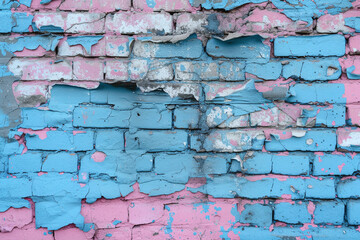 A brick wall with blue and pink paint, showing signs of wear and tear
