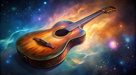 A realistic acoustic guitar floats amidst a vibrant and ethereal cosmic background, surrounded by swirling colors, stars, and nebulae, creating a magical atmosphere