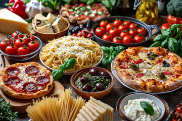 Variety of Italian food. Full table of Italian specialties pizza, pasta, different cheese, tomato,...