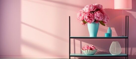 A shelf adorned with vases filled with colorful flowers, including pink peonies, stands against a vivid pink wall. The arrangement is complemented by a dressing screen and a floor lamp nearby.