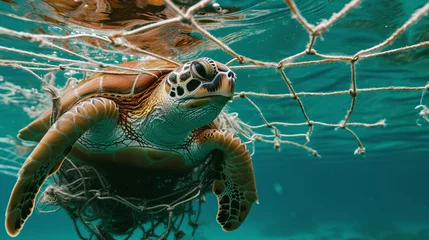 Fotobehang Turtle trapped in fishing net. Sea turtle entangled in a discarded fishing net. © Martinesku