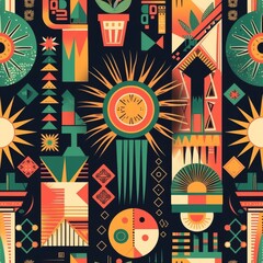 This pattern offers a seamless blend of abstract suns and stylized architectural elements, reflecting the rich visual narrative of Latin American cultures.