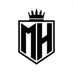 MH Logo monogram bold shield geometric shape with crown outline black and white style design