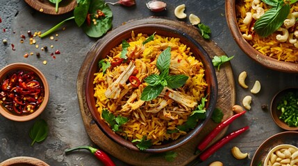 Vibrant Indian Chicken Biryani with Exotic Spices and Fresh Garnishes