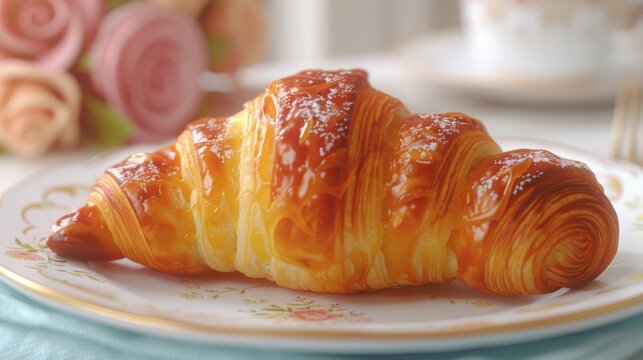 a close up of a croissant on a plate on a table with a cup and saucer in the background.
