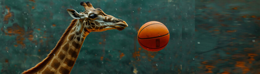 Giraffe as a basketball player blocking a shot.